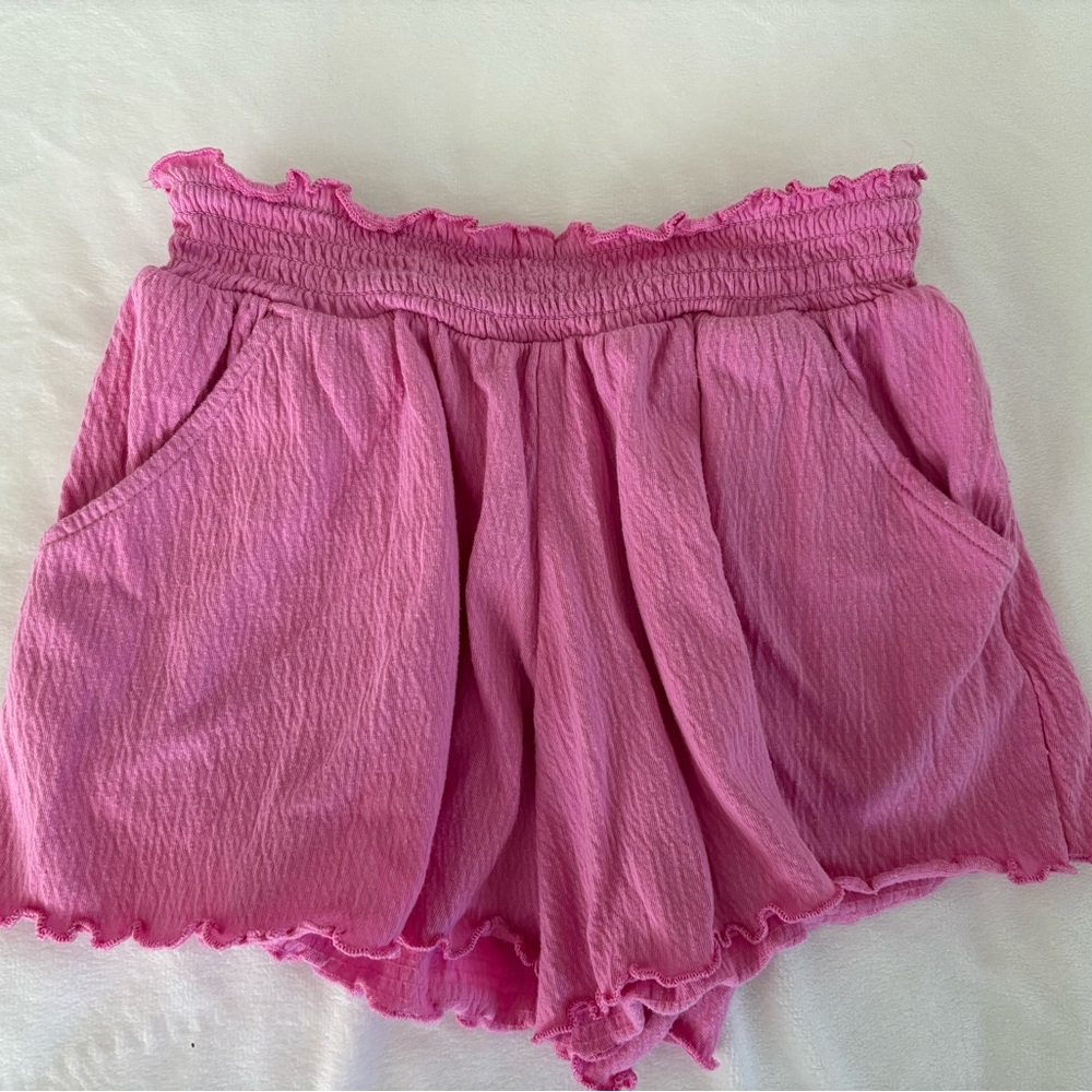 Girls Pink Smocked Waist Flutter Hem Shorts